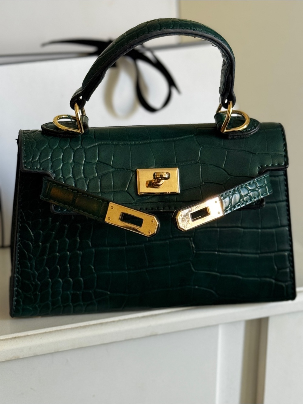 Dark Green Croc-Embossed Top Handle Bag with Gold Hardware
